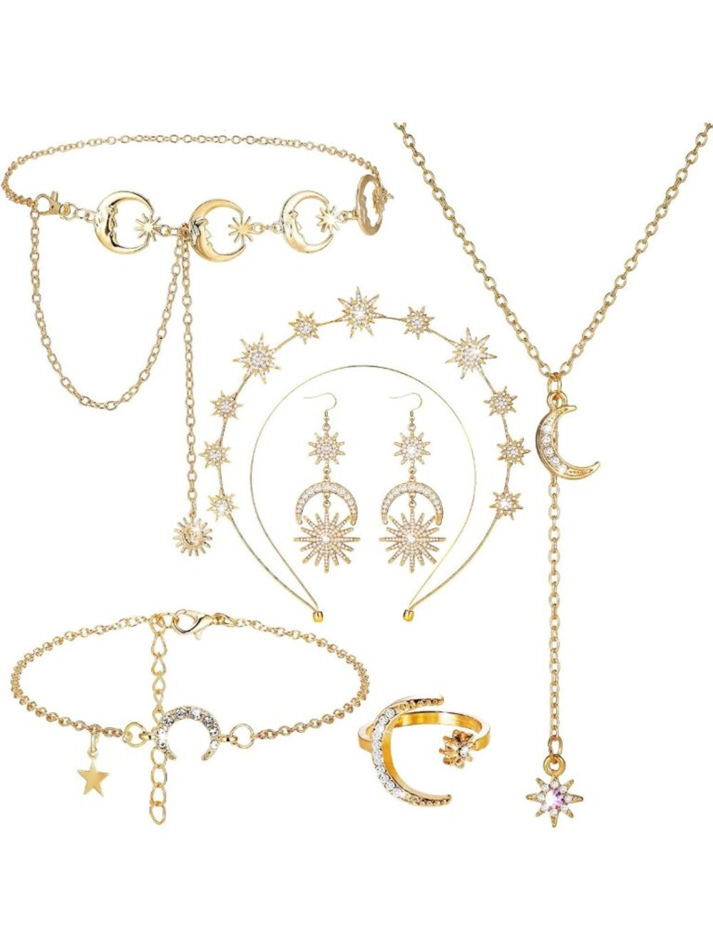 Celestial Halloween Jewelry Set - 6 Pcs Moon & Star Crown Headbands